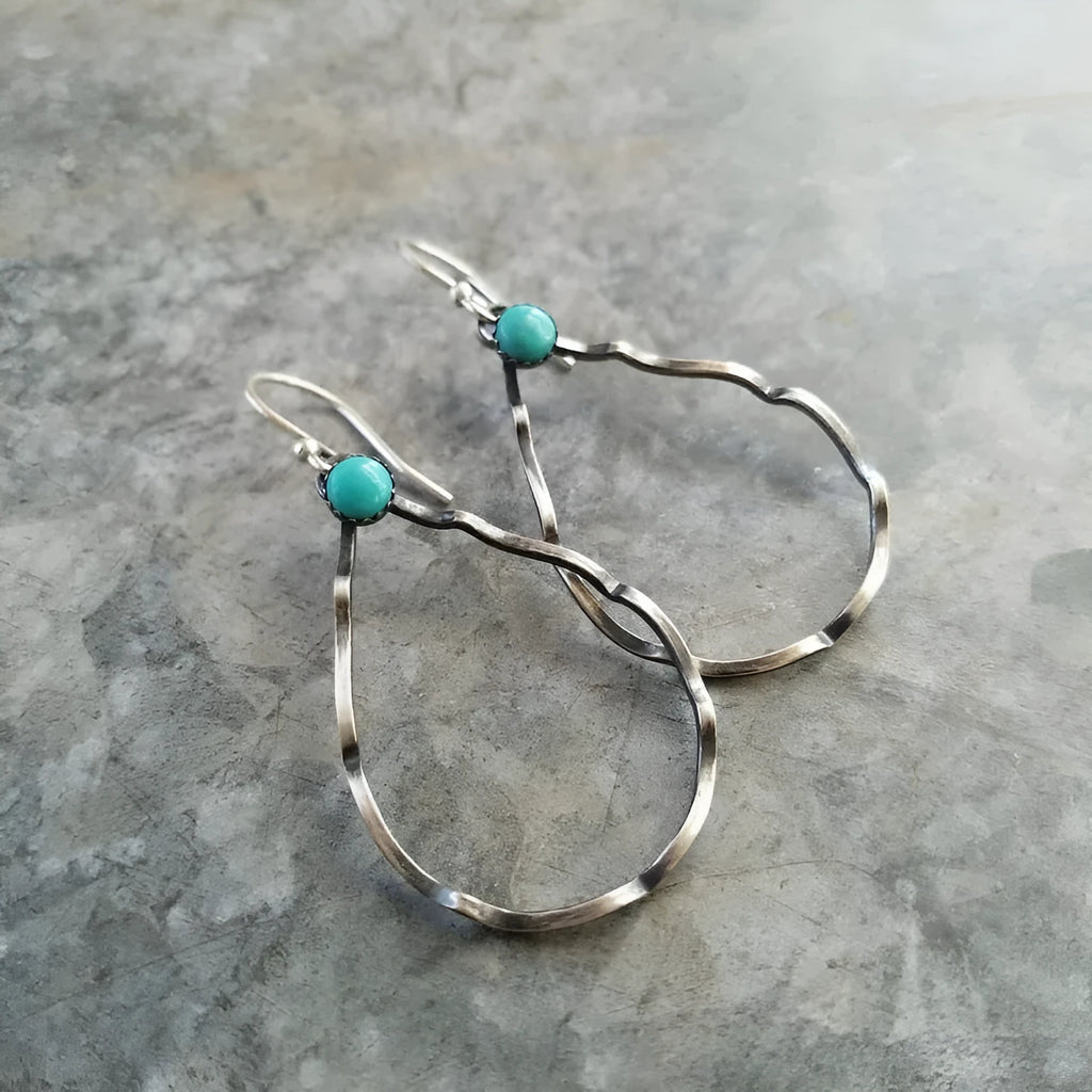 Turquoise geometric circle earrings with antique silver finish in bohemian vintage style