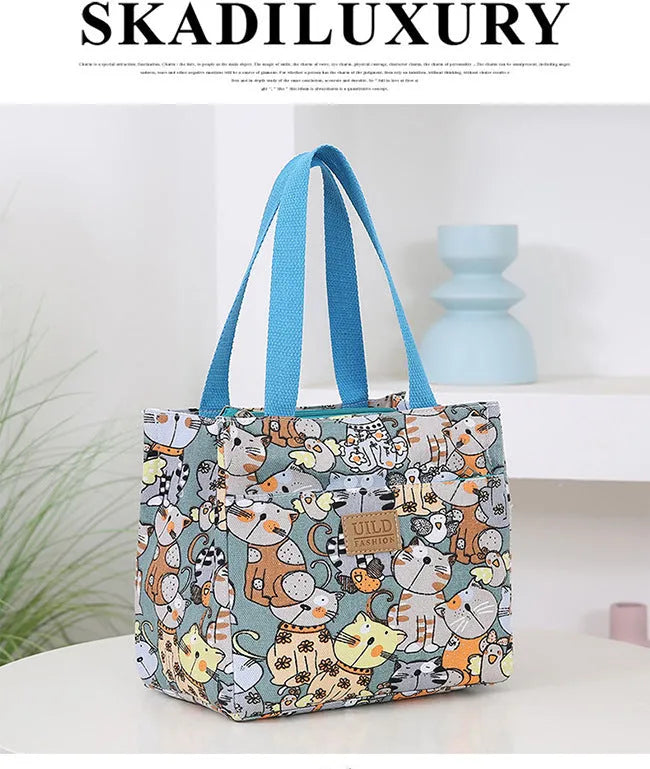Women's printed canvas tote bag with aluminium frame in a square shape, showing floral and typographic design options.