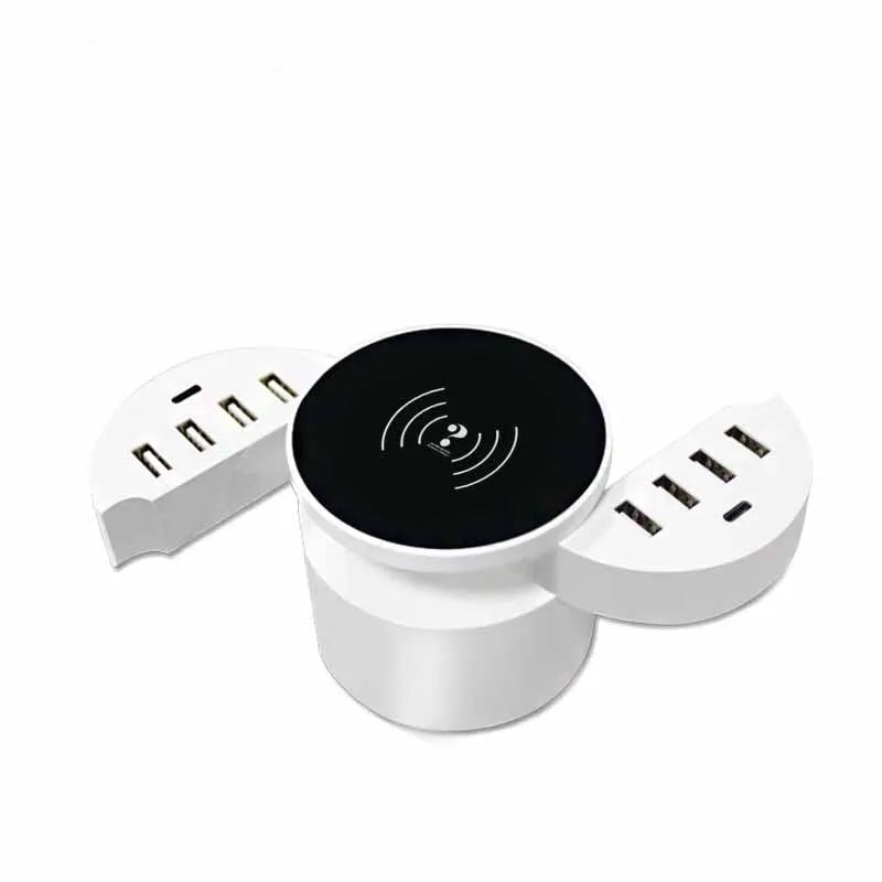 Ceramic white circular wireless charger with USB port for smart phone charging