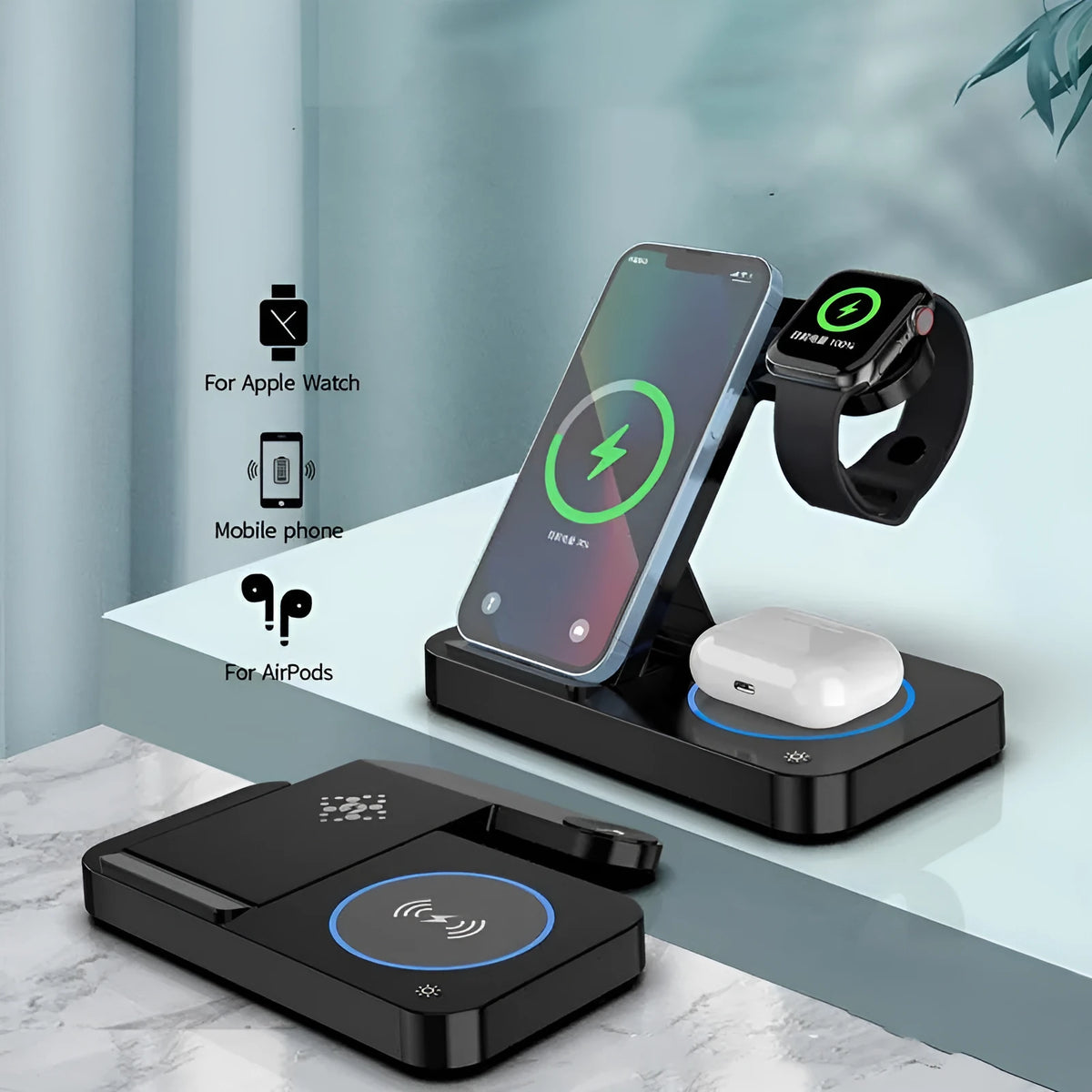 Folding three-in-one wireless charging stand in black, with phone, watch and earbud charging areas and 120cm Type-C cable