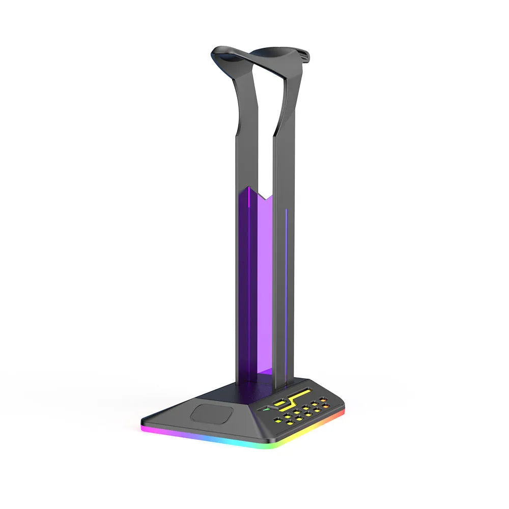 RGB colour-changing headphone holder with dual USB ports on black acrylic stand