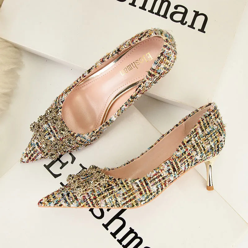 Black women's skinny stiletto heel pointed toe shallow mouth pump