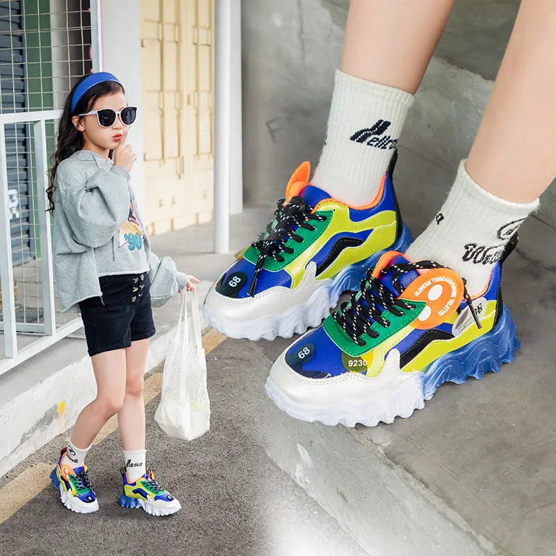 Children's colourblock wave bottom sneakers in blue or orange with PU upper, sizes 26 to 37