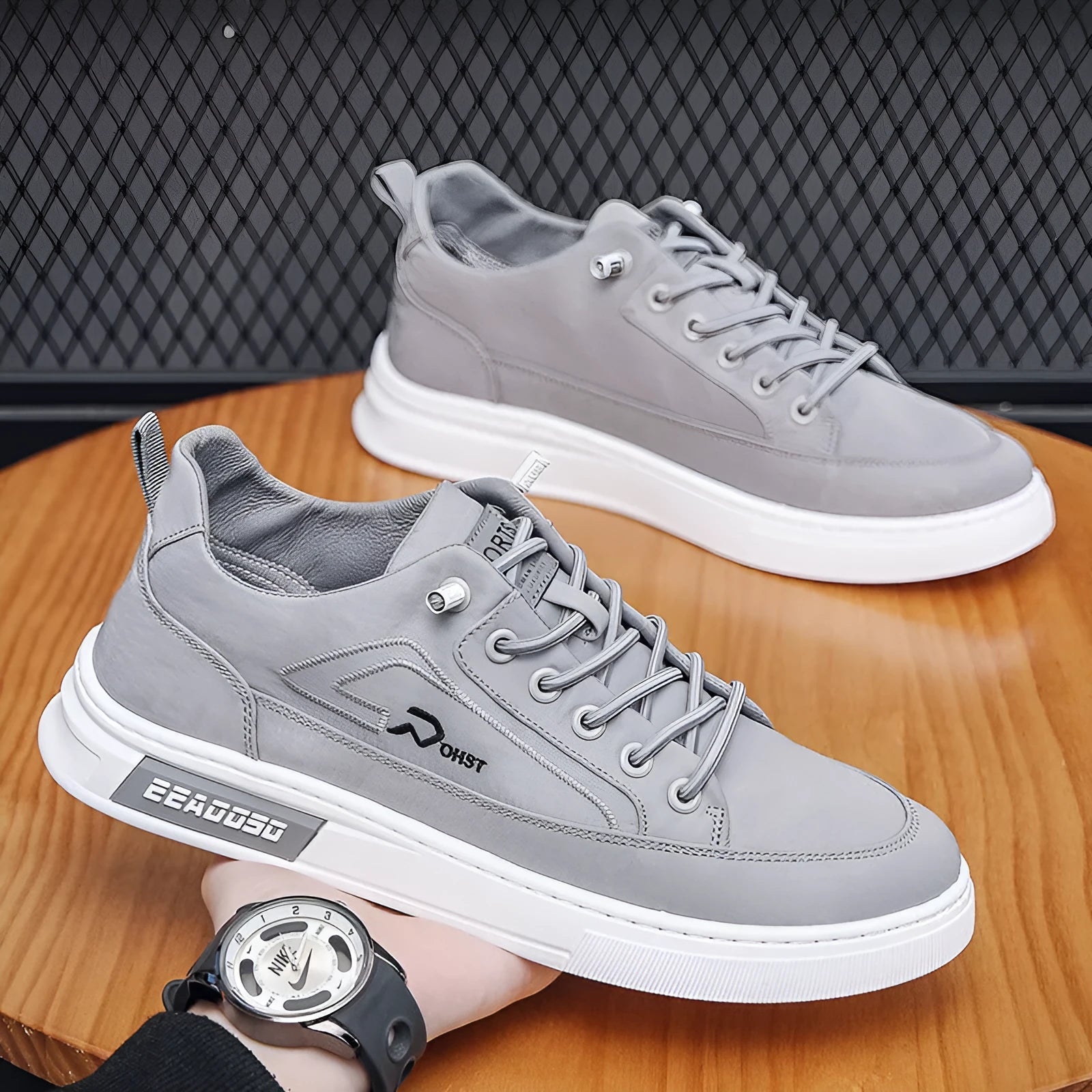 Grey men's casual canvas shoes with round toe and lace-up design featuring breathable construction