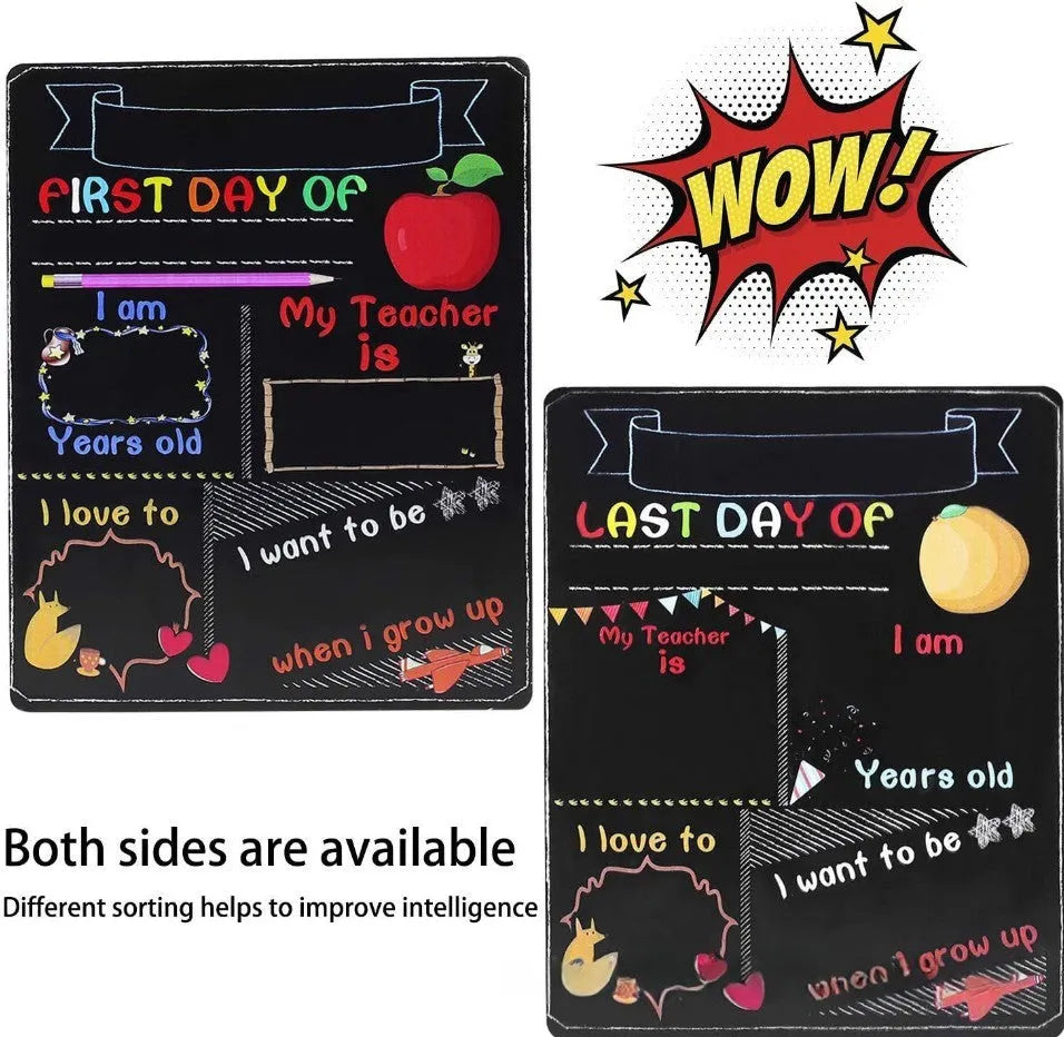 Black wooden First Day of School blackboard sign measuring 255mm by 300mm