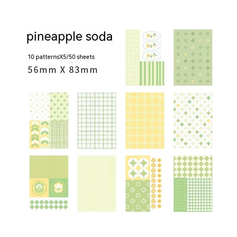 Retro collage note paper in dessert colours including red plum cheese and caramel puff, 50 pieces measuring 56x83mm