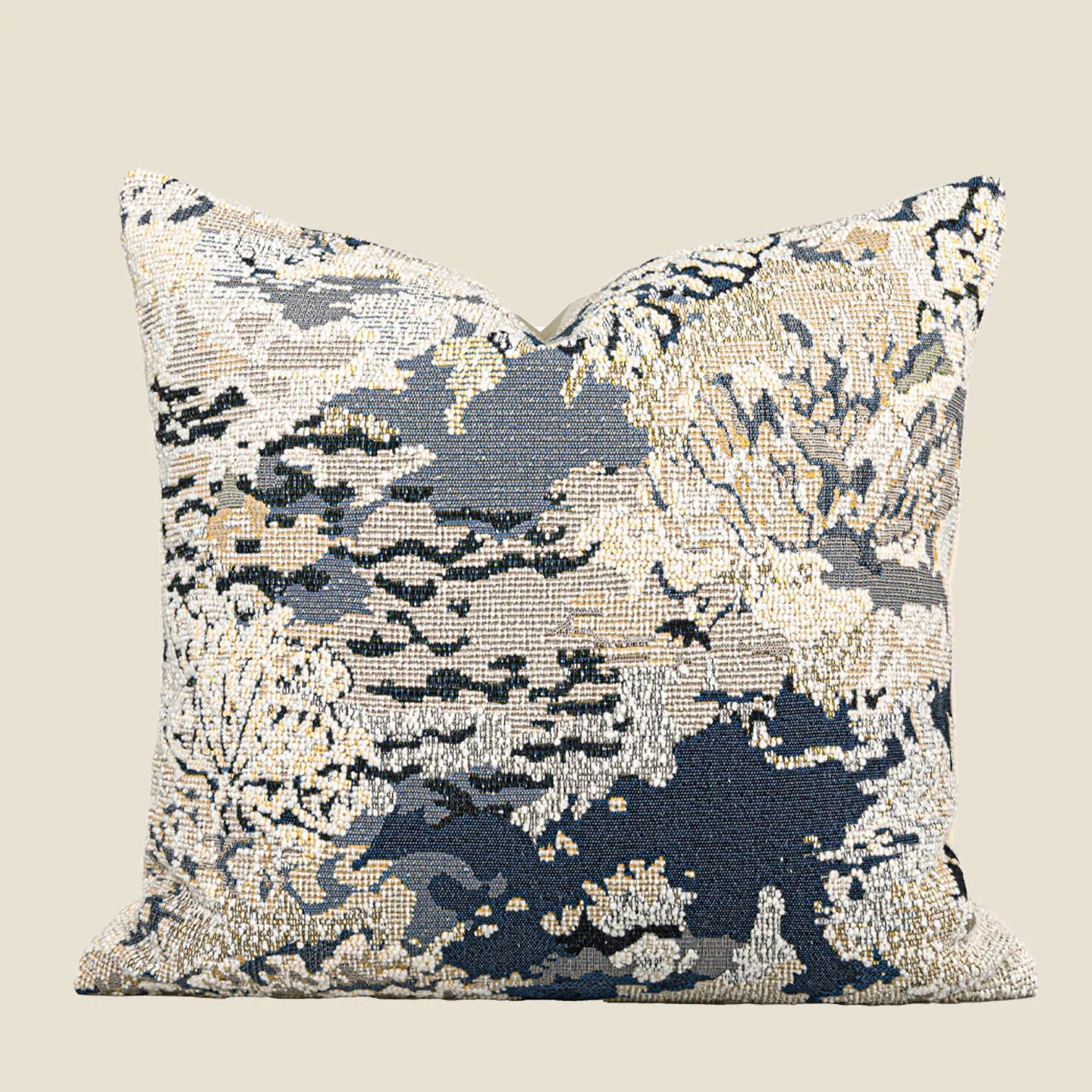 Antique blue wool blend floral decorative cushion in Chinese style, shown in square and waist pillow sizes.