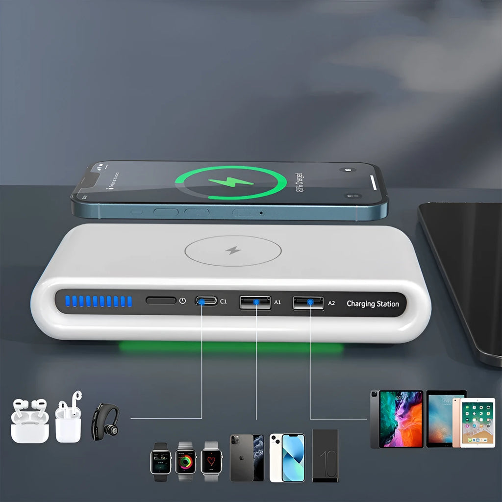 White desktop wireless charging pad with illuminated multi-colour ambient lamp ring.