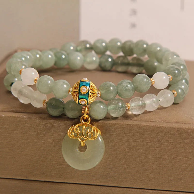 Oil green aventurine jade women's bracelet with double-layer design, crystal, rhinestones, and safety peace buckle
