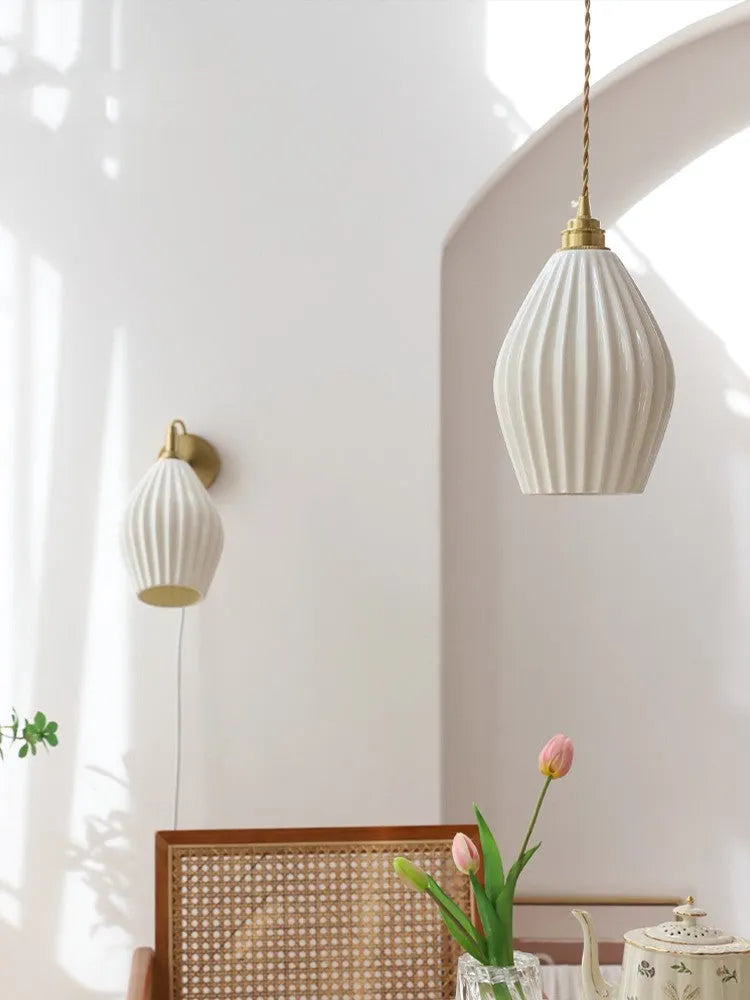 Brass bedside chandelier with copper body and ceramic shade, dual suction or hanging mount, 111V-240V