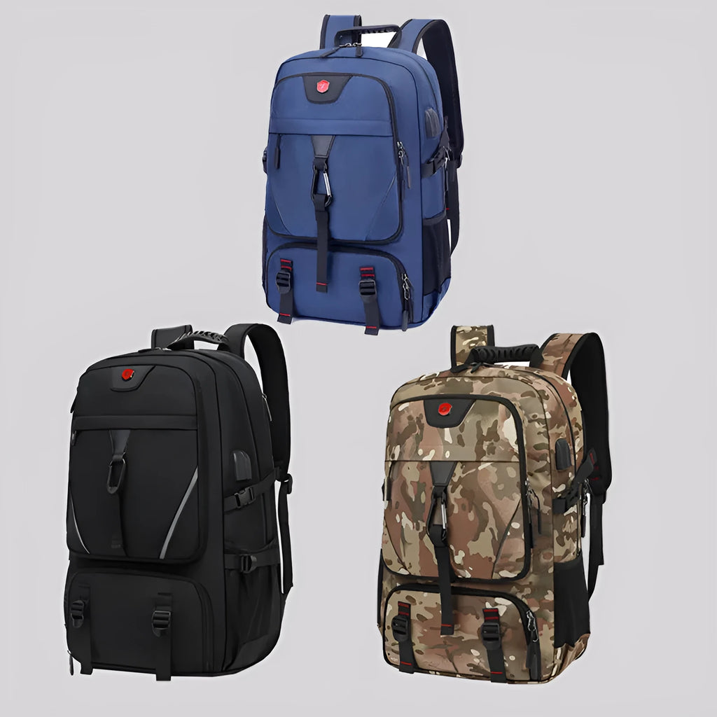 Waterproof Oxford cloth mountaineering schoolbag with shoe warehouse, available in 50 L, 60 L, and 80 L