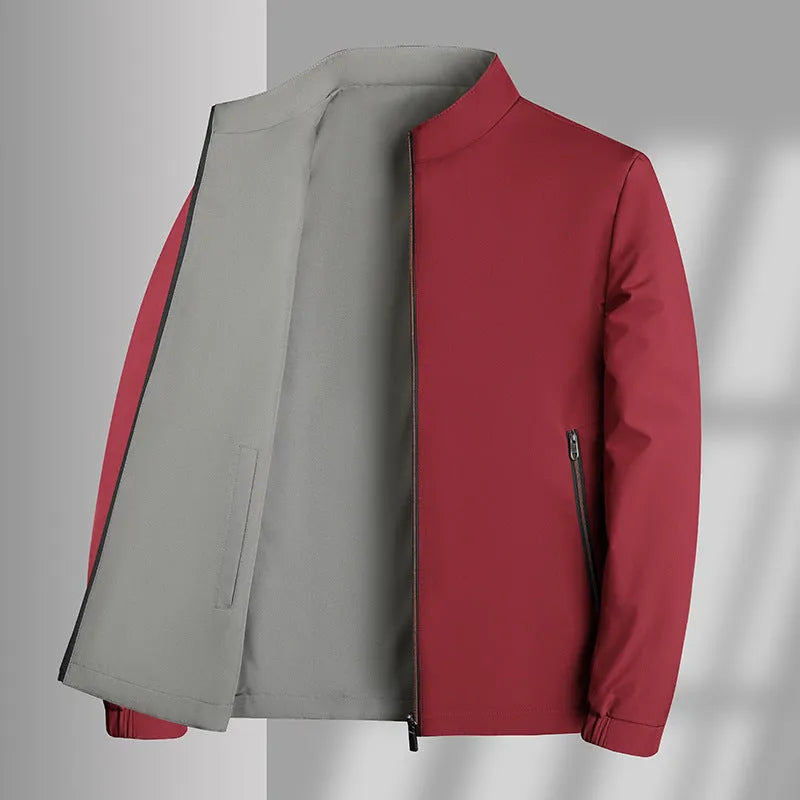 Men's double-sided stand collar windproof jacket in polyester, loose fit, available in black, navy, khaki and red, sizes M-4XL.