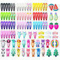 Assortment of 100 metal hair clips in candy colours with cartoon designs of animals, fruits, crowns, and stars.