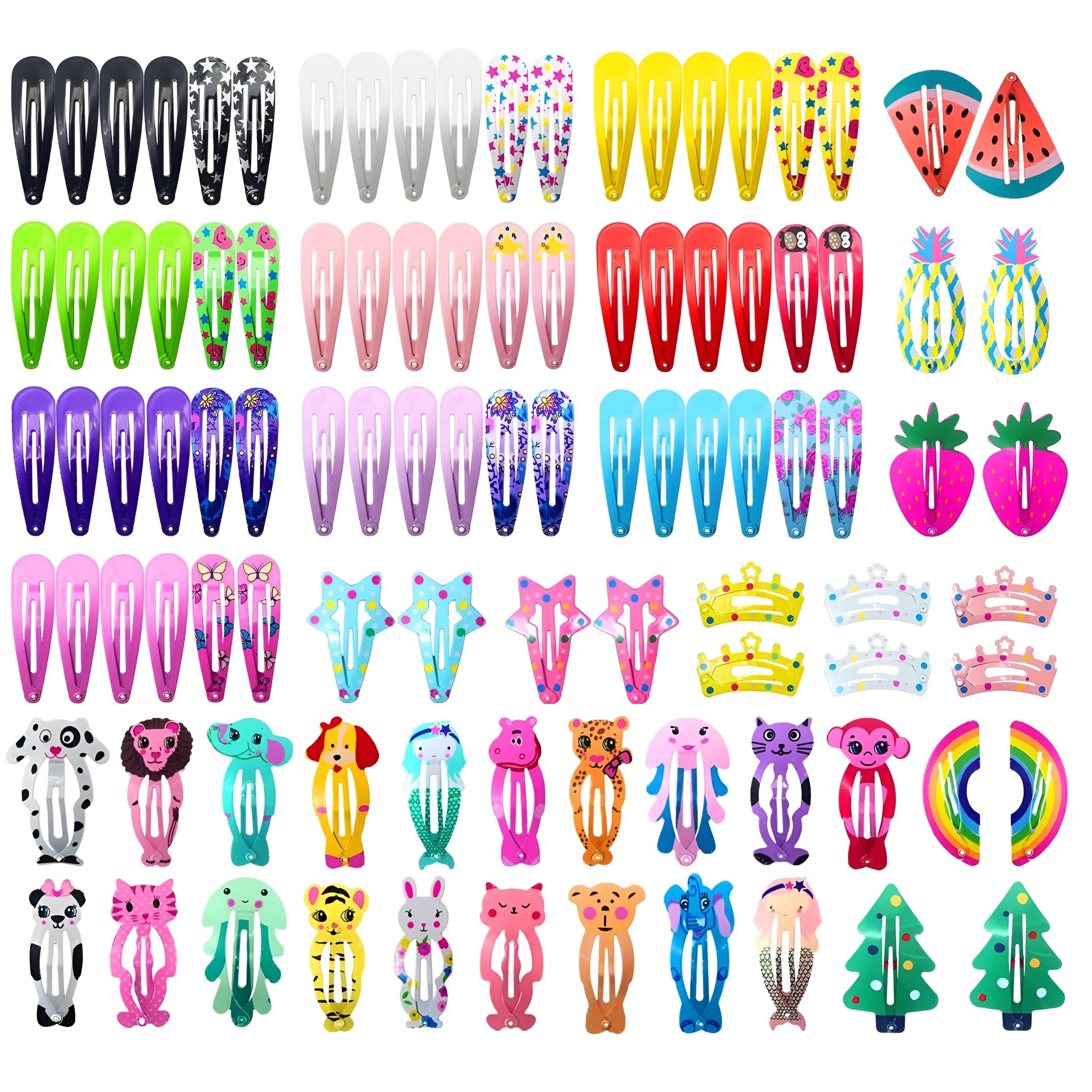 Assortment of 100 metal hair clips in candy colours with cartoon designs of animals, fruits, crowns, and stars.