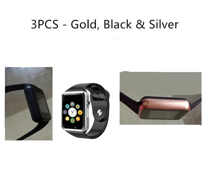 A1 model smart watch on wrist showing 1.54-inch display, available in black, silver, white, gold, pink, red, green, blue.