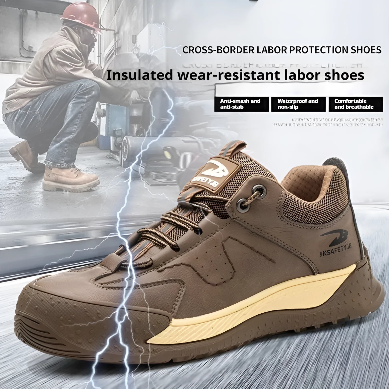 Flyknit work safety shoe with leather upper and rubber sole shown in black colour.