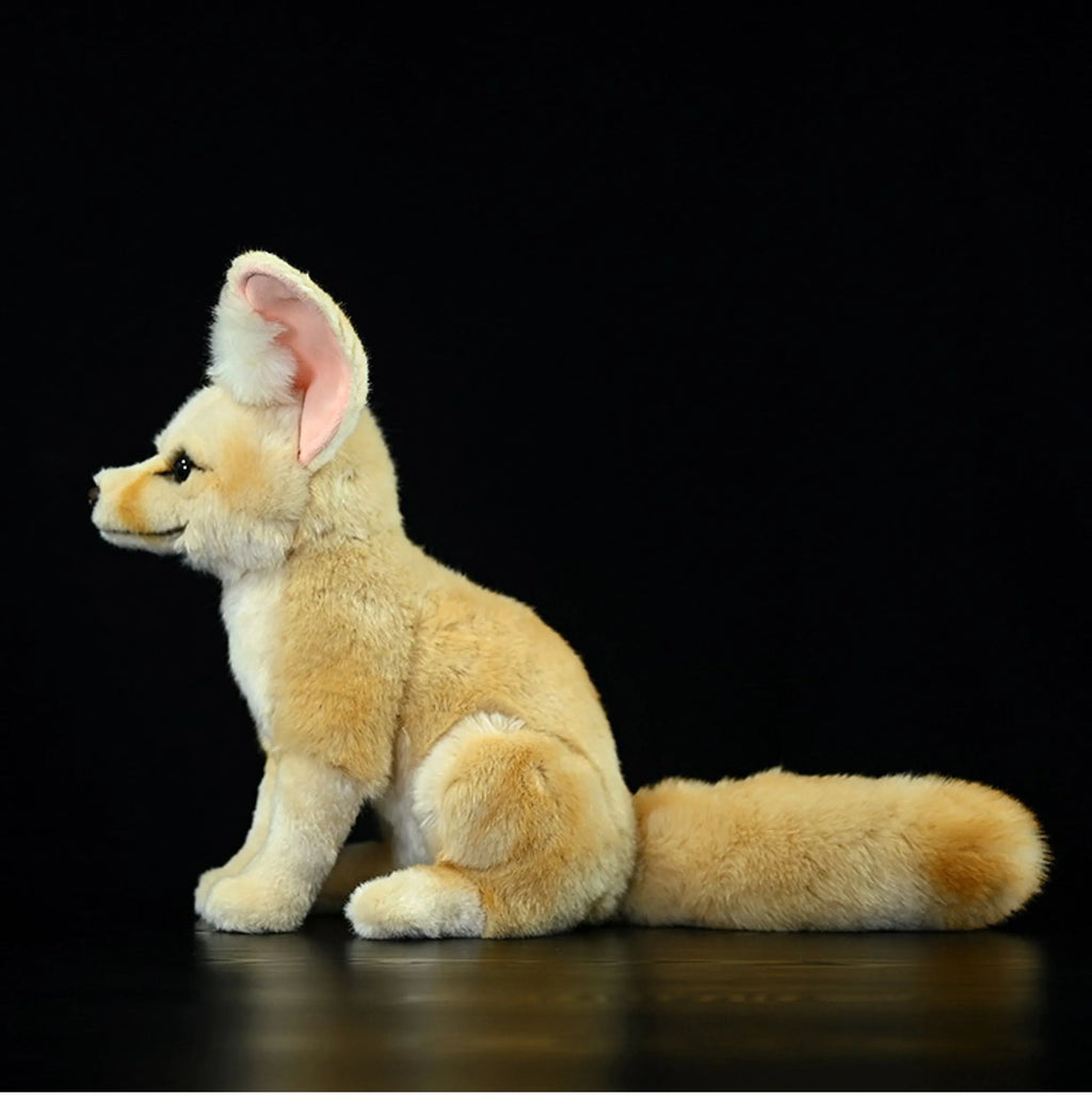 Yellow wide-eared fox plush toy standing 26cm tall on a surface