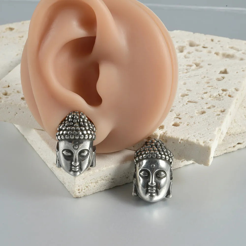 Stainless steel earrings with hollow skull and Buddha head geometric designs in multiple colour options
