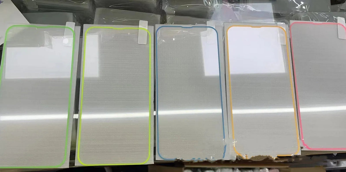 Fluorescent tempered glass full screen protector for iPhone in pink, yellow, green, blue, and grass green luminous colours.