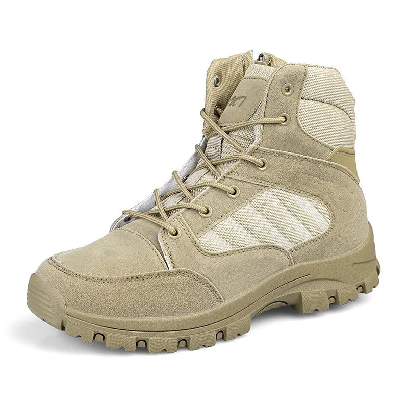 Men's high-top hiking shoes in black camouflage colour with artificial PU upper and metal detail.