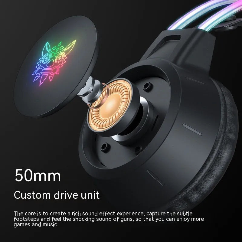 X15PRO wired gaming headset with 3.5mm plug, 50mm horn, RGB luminous design, and braided cable
