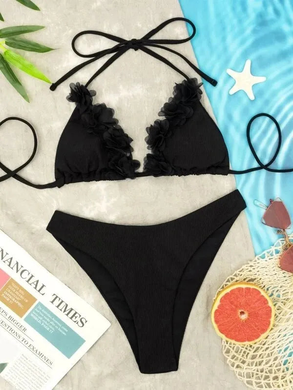 Han black women's two-piece polyester bikini set with gathered design.