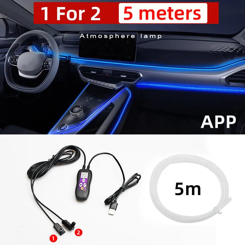 Car interior LED atmosphere light strips installed along dashboard and centre console with colour-changing illumination