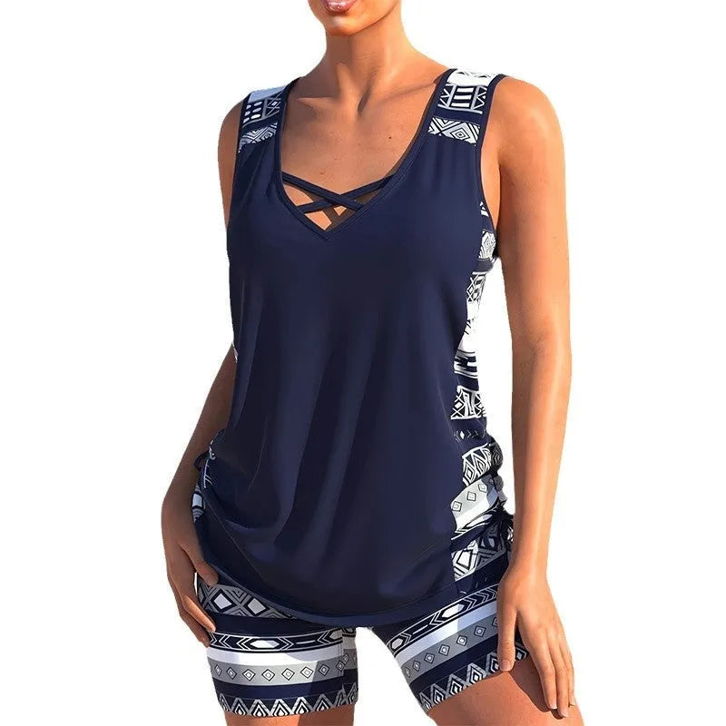 Women's polyester one-piece swimsuit, sleeveless briefs style, conservative split design, sizes S to XXL