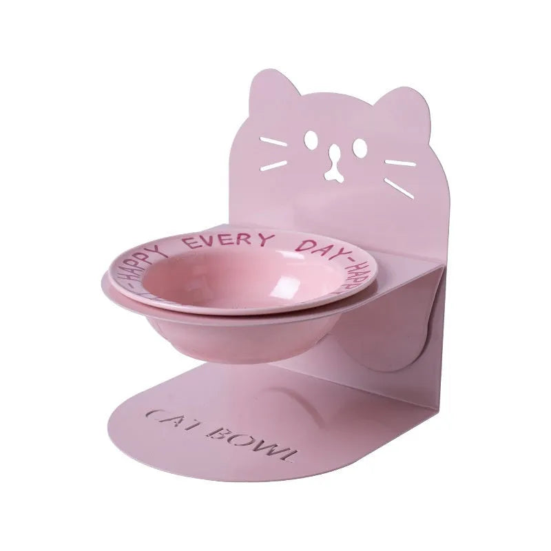 Ceramic cat food bowl with high-legged magnetic stand in beige, pink or yellow for raised cat feeding