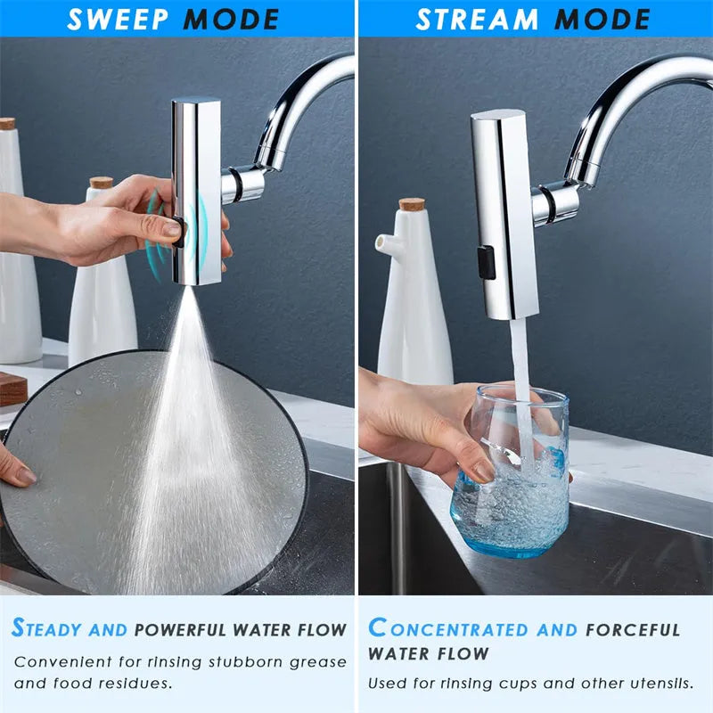 Black ABS kitchen faucet extension with rotating bubbler and waterfall outlet mode on a modern sink