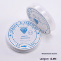 Spool of transparent white elastic cord for jewellery making with diameter options shown.