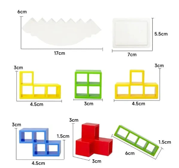 Plastic balance stacking game with 16 colourful blocks and chassis for family play