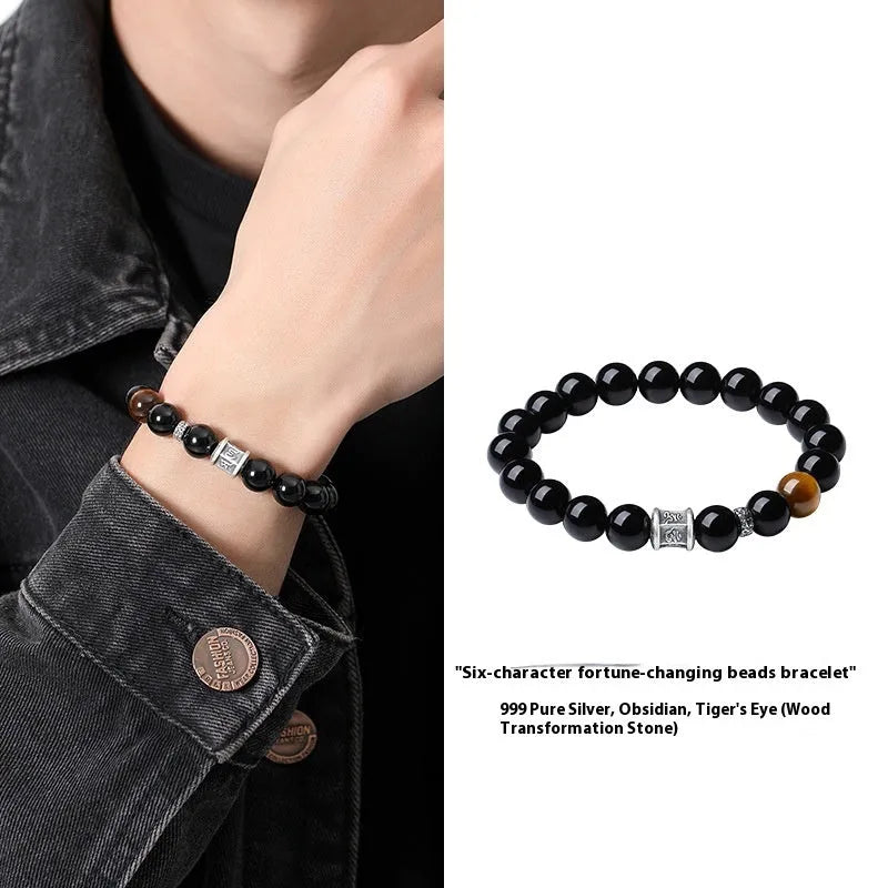 Men's obsidian prayer wheel bracelet with 10mm beads and hand-woven silver elements