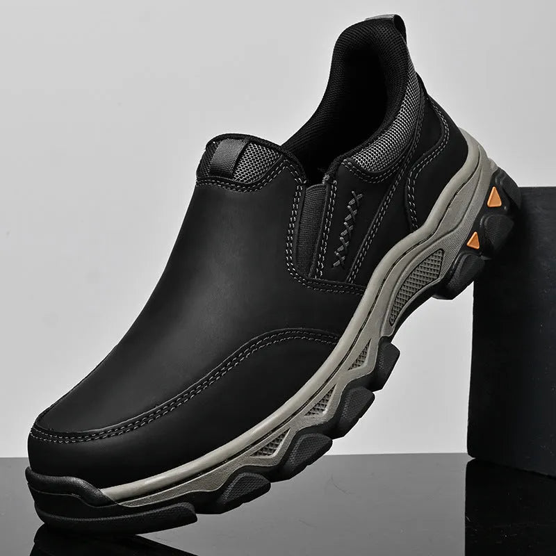 Men's dark brown casual leather-look shoes with round toe and flat rubber sole