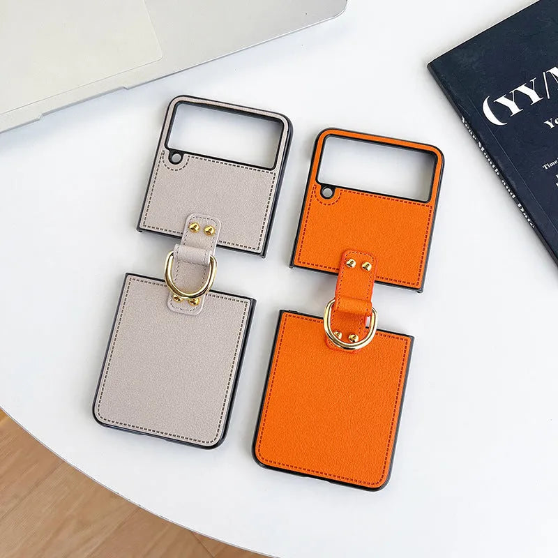 Samsung Zflip4 foldable phone case in imitation leather with frosted finish and sheepskin ring
