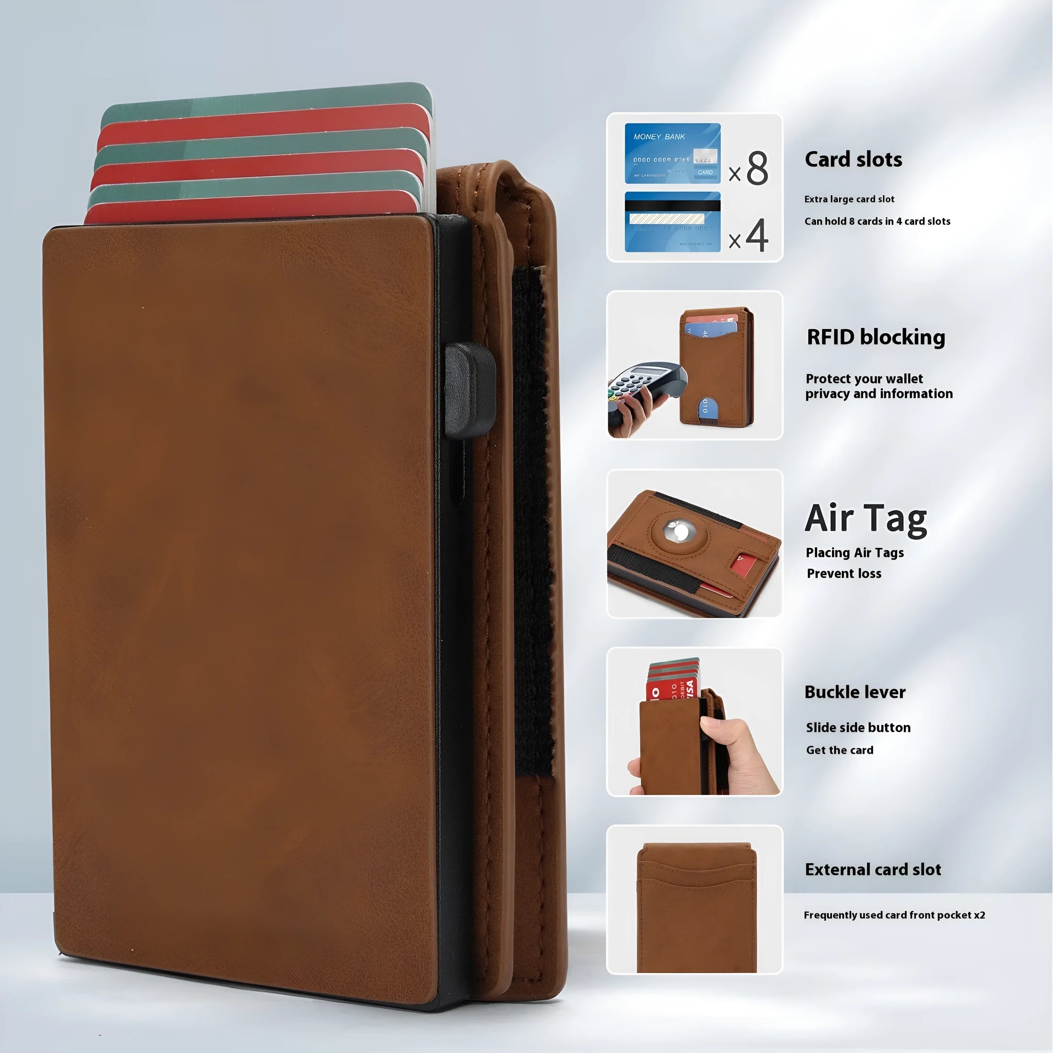 Men's synthetic leather card holder wallet with RFID blocking in light brown, dark brown, and black colours