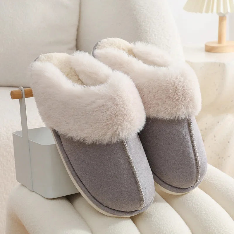 Women's plush indoor slippers with round toe, flat heel, and anti-slip PVC sole in five colour options