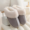 Women's plush indoor slippers with round toe, flat heel, and anti-slip PVC sole in five colour options