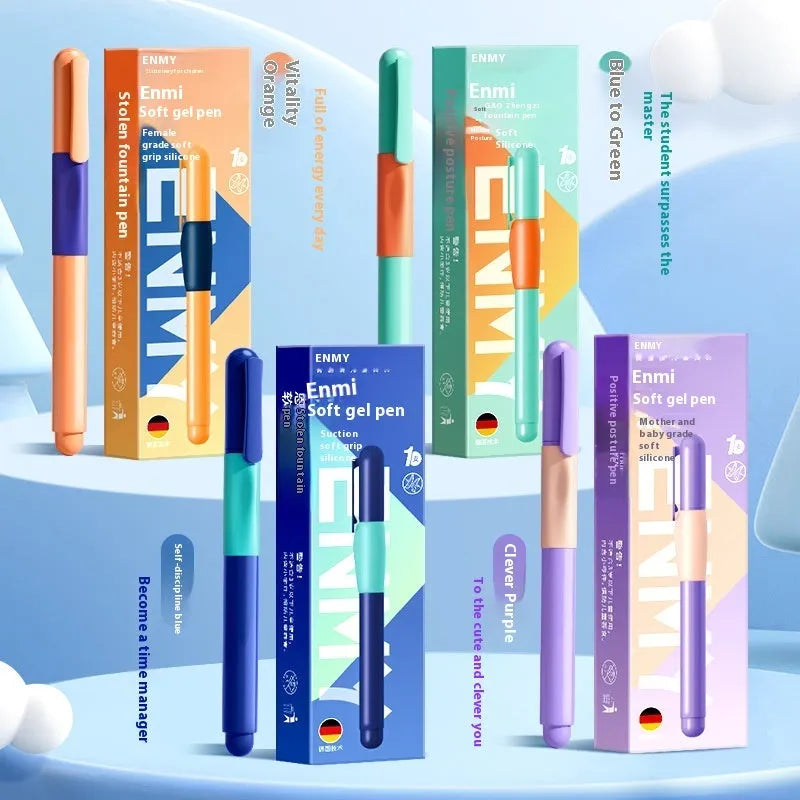 Student posture correction pen with ergonomic grip in blue, green, purple, and orange colour options.