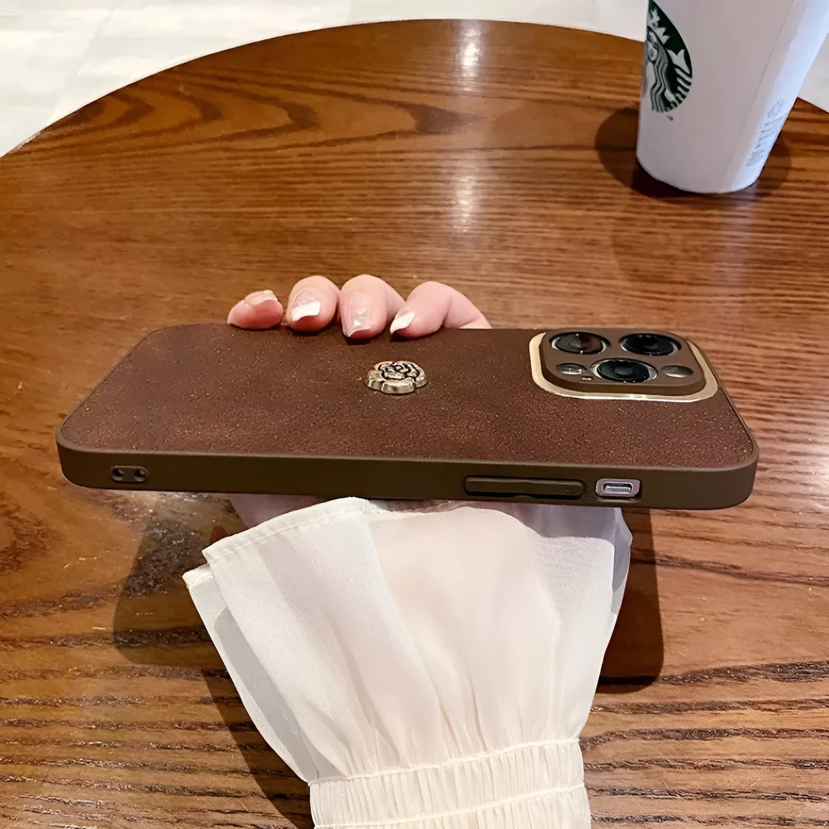 Brown camellia PC silicone phone case for iPhone with frosted finish