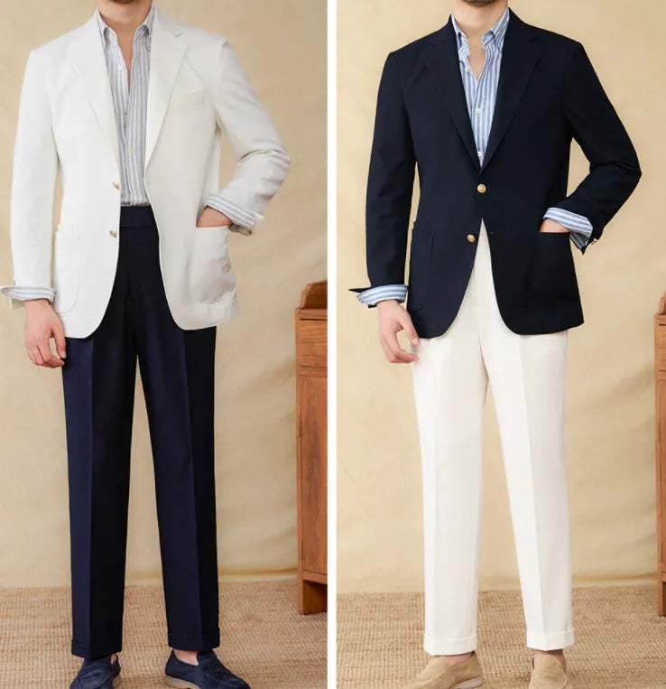 Seersucker single-breasted slim-fit suit jacket, navy blue or white, long sleeve, double rear slits, sizes M-3XL