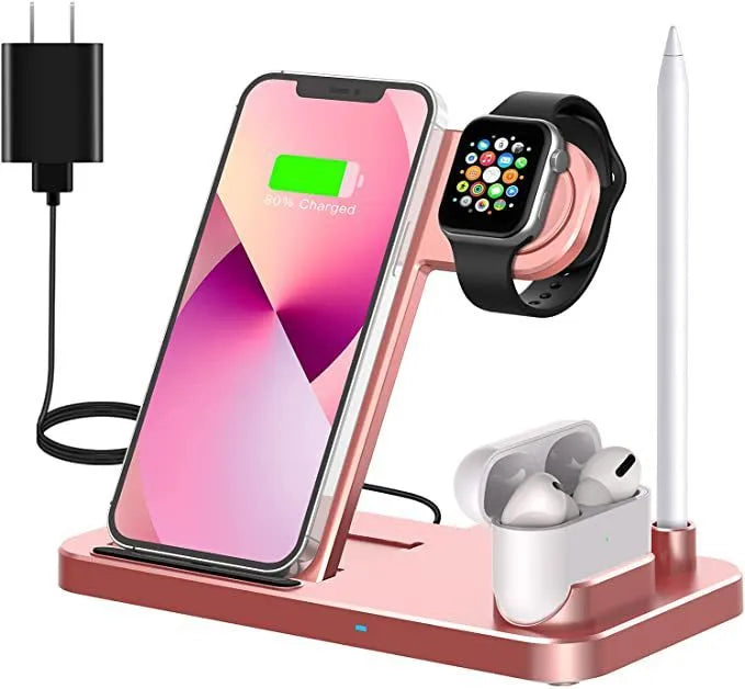 A folding 4-in-1 wireless charger in Space Gray, shown charging an iPhone in vertical stand mode and an Apple Pencil.