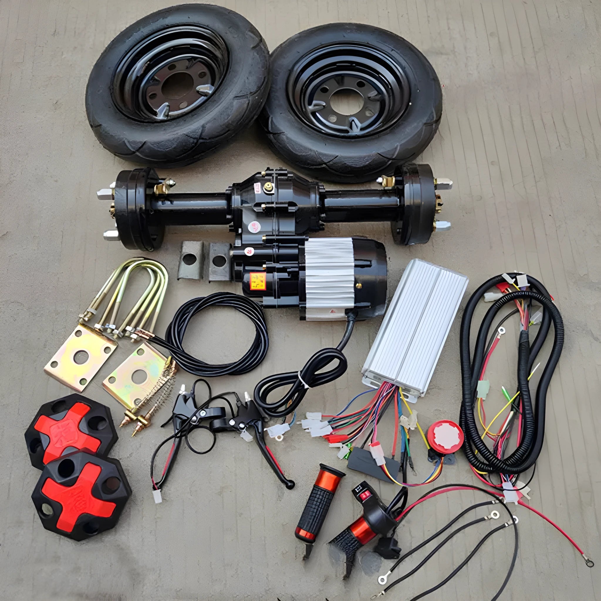 Low speed rear axle kit with motor, pneumatic tyres, and wiring for 48v electric trolley conversion