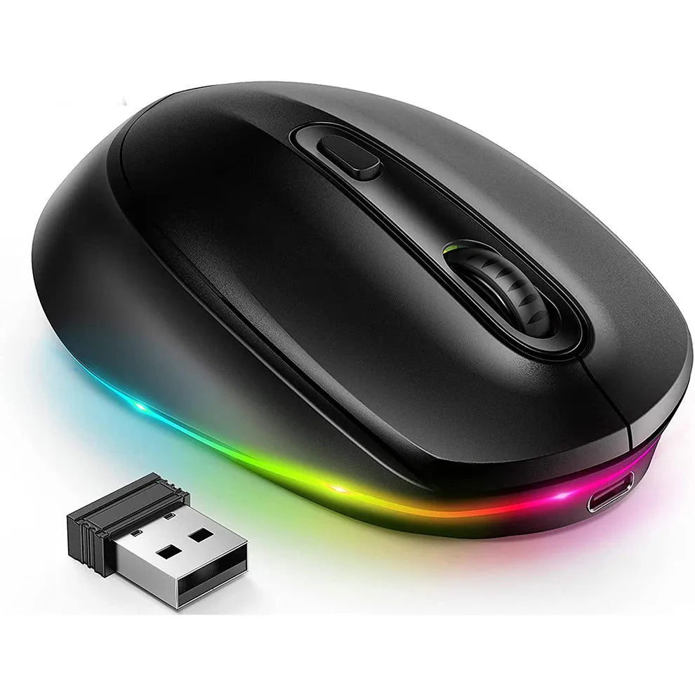 Lightweight 24g wireless rechargeable mouse in multiple colours next to its USB charging cable