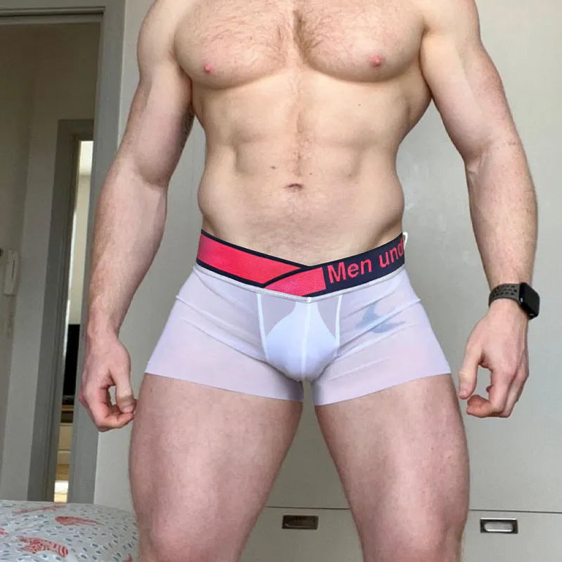 Men's low waist seamless underwear with gradient laser pattern in black, on a mannequin.