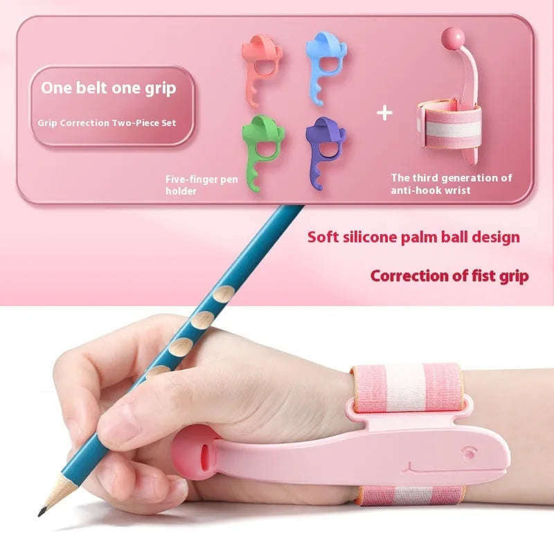 Blue anti-hook wrist brace corrector for handwriting posture and pencil grip training