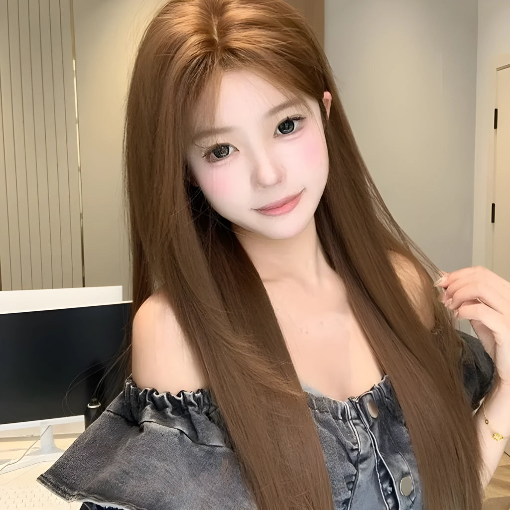 Women's warm brown wig with centre-parted bangs and long straight hair style showing forehead lace detail