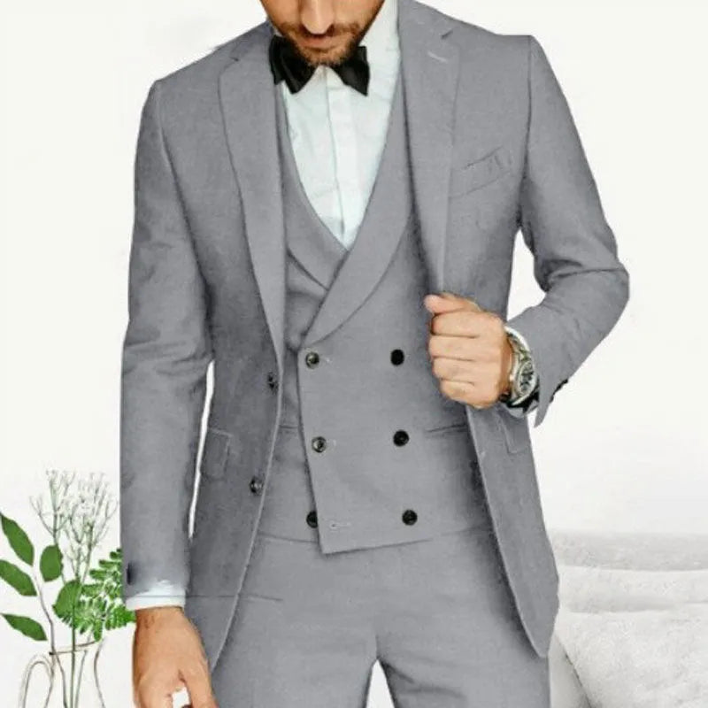 Men's cotton swallowtail suit set including jacket, vest, and trousers in black