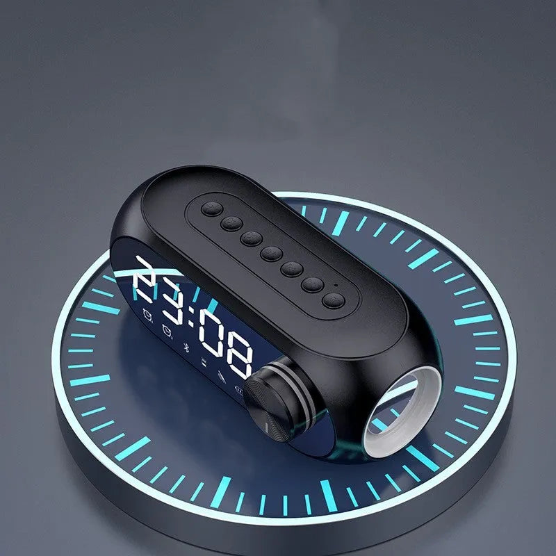 Portable mini Bluetooth speaker with digital clock display in black, white, or blue colour.
