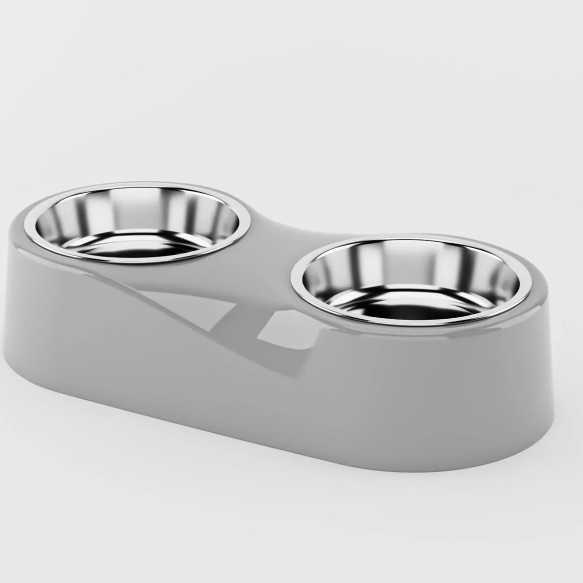 Alloy solid color separation design cat water bowl in gray with two compartments showing stainless steel inserts